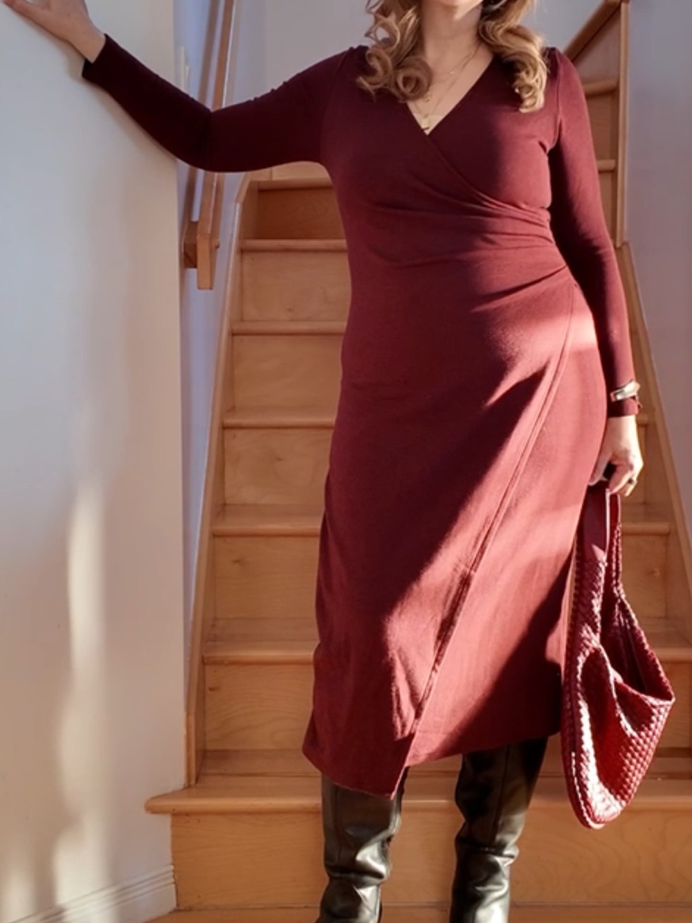 OGL Faux Wrap Long Sleeve Midi Dress in Deep Burgundy